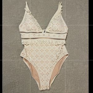 White, J Crew Scalloped Ruffle, one-piece swimsuit in laser-cut eyelet